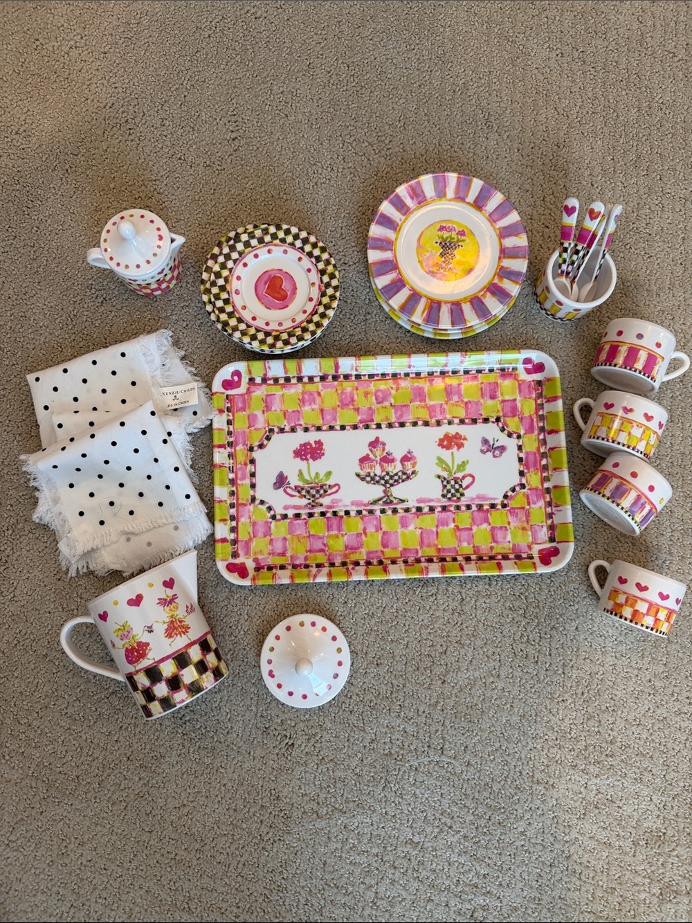 Mackenzie Childs  Floral Checkerboard Ceramic Tea Set - Pink, Yellow & Green